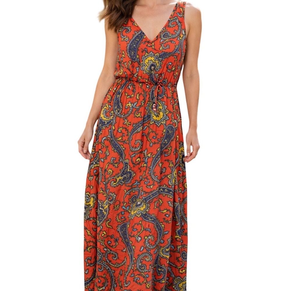 BAYO Phillipines Salmon Blue Paisley‎ Tank Maxi Dress Size Large